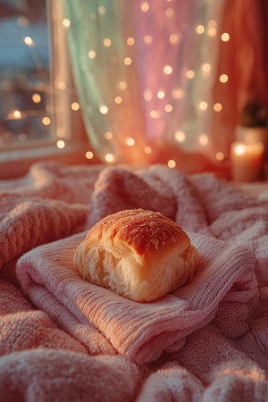 A freshly baked soft roll sits on a folded pink sweater, illuminated by soft, warm lights.の素材