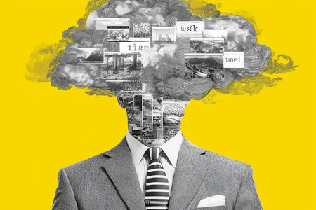 This creative illustration features a man in a suit with a cloud filled with images, representing thoughts.の素材