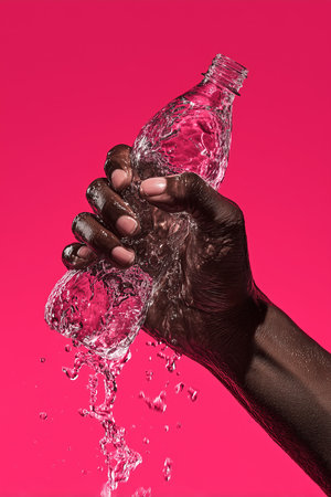 A dynamic photo of a dark-skinned hand gripping a water bottle, creating splashes of water. Bright pink background enhances the vividness.の素材