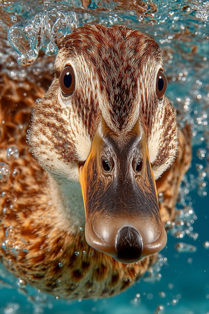 A striking close-up of a female duck diving underwater, surrounded by shimmering bubbles in vibrant hues.の素材