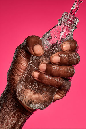 Close-up of a dark-skinned hand gripping a glass bottle, droplets trickling down its surface, set against a vivid pink backdrop for striking contrast.の素材