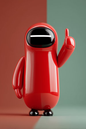 This vibrant animated character stands against a two-tone background, showcasing its playful design and shiny finish.の素材