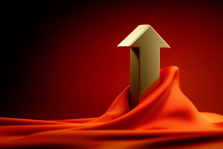 A shimmering golden arrow rises prominently from a flowing red fabric, representing upward momentum and success.の素材