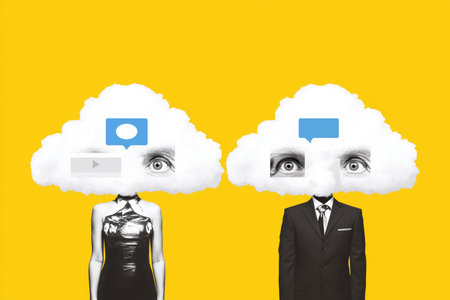 A striking visual of a man and woman in formal attire, with cloud graphics above their heads symbolizing communication.の素材