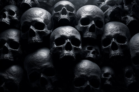 This image features a cluster of black skulls, creating a haunting and intense atmosphere with deep shadows.の素材