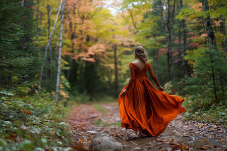 A young woman in an elegant orange dress twirls on a serene forest path, surrounded by vibrant autumn foliage.の素材