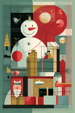 A whimsical illustration showcasing a snowman, festive decorations, and playful winter elements in a vibrant color palette.の素材