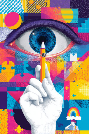 This colorful artwork blends imagery of an eye and geometric patterns with bright colors and playful elements.の素材