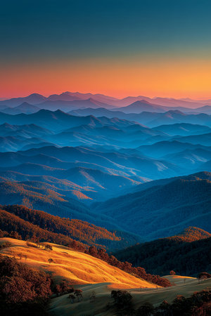 A breathtaking view of layered mountains at sunrise, showcasing a gradient of colors from orange to deep blue.の素材