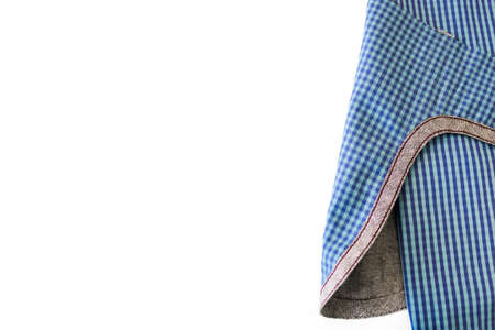 Sewn detail of the pants pocket, view from the wrong side. The seam section is processed with an oblique linen bake. The main fabric of their cotton is blue-checked. Concept: a place for text, atelierの写真素材
