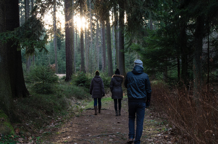 Group of people going for a walk in forest with magical sunset behind the trees.の写真素材