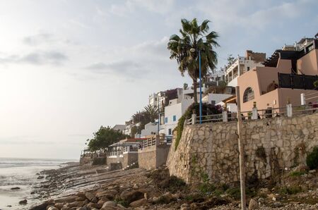Restaurants at the beach of Taghazout.の写真素材