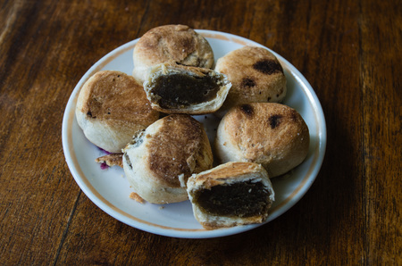 Typical Indonesian sweets: Bakpia centered on plate.の写真素材