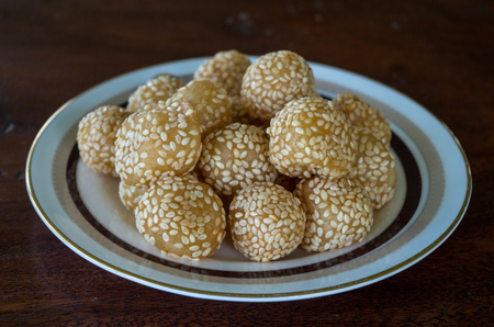 Delicious onde-onde pastry snack in Indonesia on plate.の写真素材