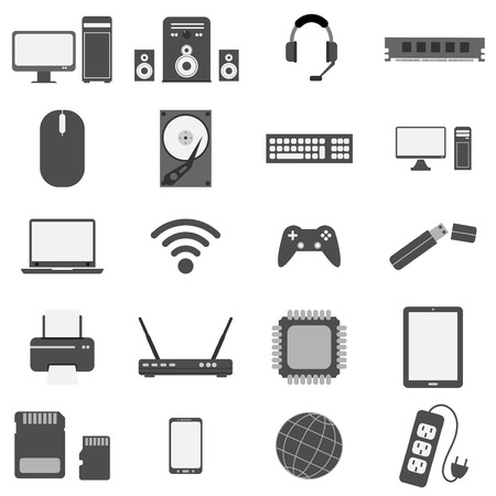 computer hardware and equipment  icon set flat style gray color  vectorのイラスト素材