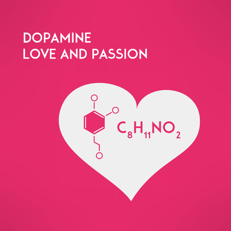 Love chemistry and passion concept. Dopamine molecule inside red heart icon made in modern flat design. Vector illustrationのイラスト素材