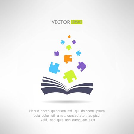Book icon with puzzle pieces flying from it. Riddle and smart games library section sign. Vector illustrationのイラスト素材