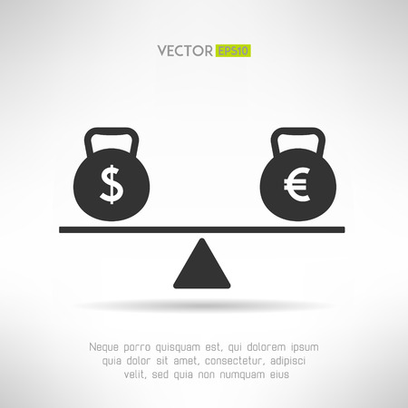 Euro and dollar equal on scales. Market balance and european economy crisis concept. Vector illustrationのイラスト素材