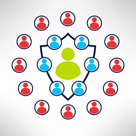 A group of people forming a shield with enemies around. Man defence concept. Vectorのイラスト素材