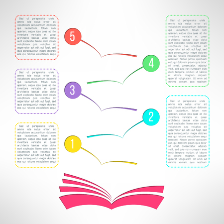 Vector book with business process steps infographic elements. Options choice, instruction or presentation template.のイラスト素材