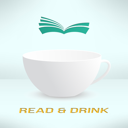 Vector cup with book in realistic design. Boooks cafe  . Cool reading background.のイラスト素材
