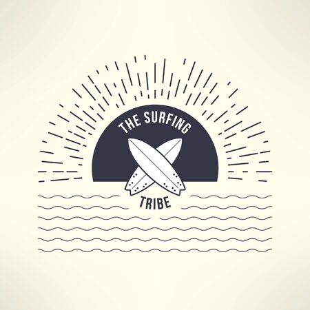 Vector surfing background with sun and waves. T-shirt surfboard graphic design. Inspirational sports background.のイラスト素材