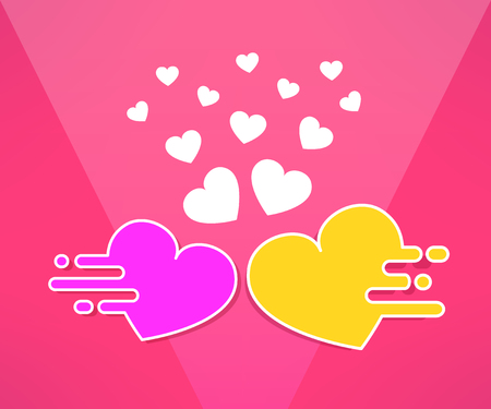 Vector mooving hearts background in modern flat design. Happy valentines day romance design. Couple and match concept.のイラスト素材