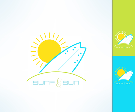 Set of vector surfing company label logo made in modern clean and bright design. Surf and sun tshirt print. Surfboard design emblem.のイラスト素材