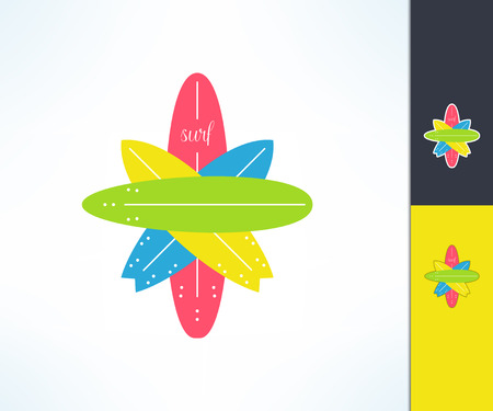 Set of vector surfing label and logo made in modern flat design. Surf and sun tshirt print. Crossed surfboards design element.のイラスト素材