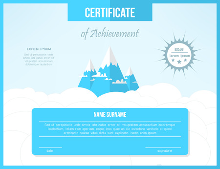 Certificate template for achievement. Bright certificate design with mountains and clouds.のイラスト素材