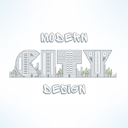 City background in thin line design. Flat city street silhouette. City design element made of letters.のイラスト素材