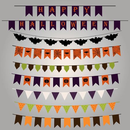 Vector Collection of Halloween Themed Bunting. Halloween banner, bunting and flags on grey background, for scrapbooking, vector format. Elements for your layout.のイラスト素材