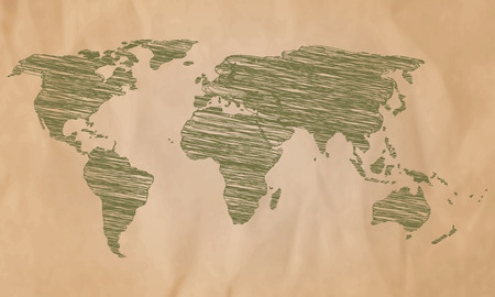 World map on old paper. Vector illustration. World map Detailed Vector Line sketchのイラスト素材