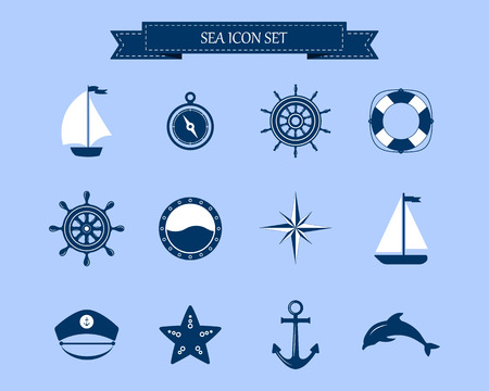 Vector of Nautical and marine icons. Nautical design elements. Sea leisure sport.  Icon and design element. Symbol of sailors, sail, cruise and sea. Set of marine icons.のイラスト素材