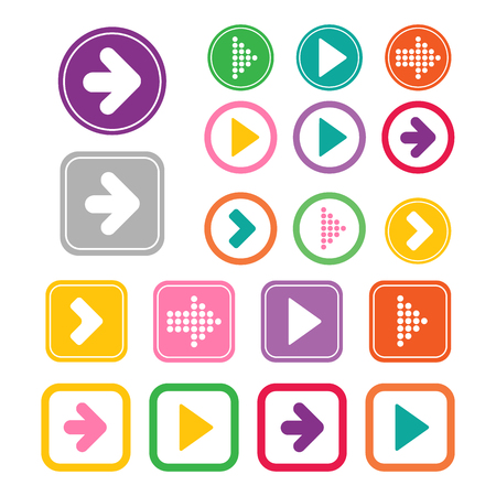 Arrow icon set. Vector illustration of plain round and square arrow icons. Simple circle and square shape internet button.のイラスト素材