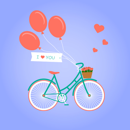 Bicycle with basket full of flowers and three red balloons. Romantic Greeting card with cute bike. Wedding Bicycle with Flowers. Valentines Day Card. Vector Illustration.のイラスト素材