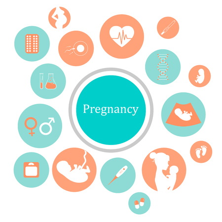 Pregnancy and newborn baby icons set. Childbirth and motherhood. Pregnancy and birth infographics. Medicine and pregnancy vector icons set. Baby care, mother birth illustration.のイラスト素材