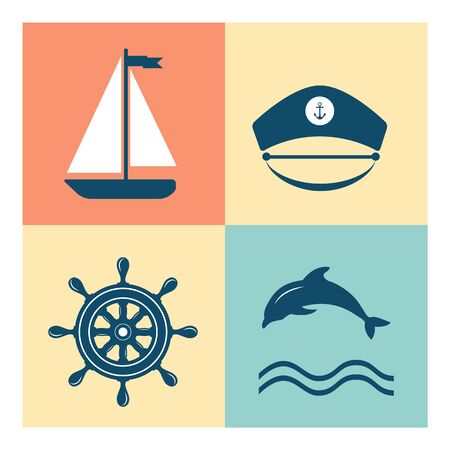 Set of vintage retro nautical badges and icons. Vector Collection of various nautical elements for design and page decoration. Set of Vintage frames, blank retro badges and labels. Summer holidays, travel, vacation, adventure labels template set.のイラスト素材