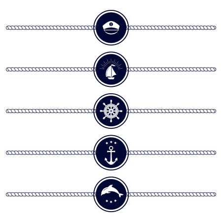 Set of Round Maritime icons. Vector sign anchor ocean ship, graphic element nautical symbols. Marine emblem. Travel sea stamp sailing rope symbols.のイラスト素材