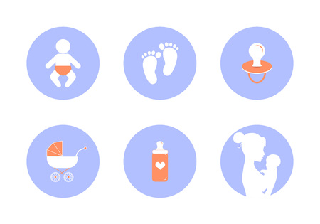 Vector icons on Maternity and child care. Graphics for applications. Caring for a newborn baby. Mother and child.のイラスト素材