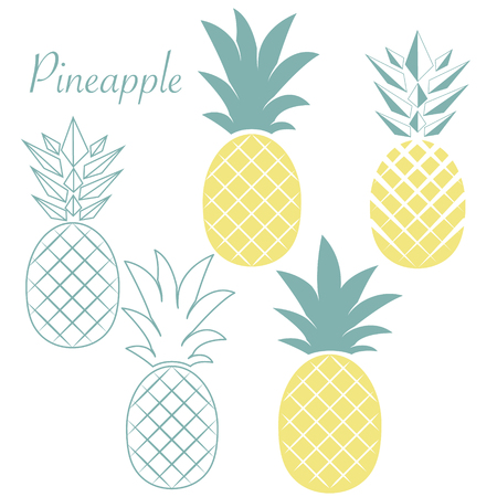 Set of different pineapples. Tropical and exotic fruits. Flat Vector illustration.のイラスト素材