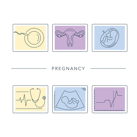 Pregnancy and childbirth. Obstetrics and gynaecology vector line icons set.のイラスト素材