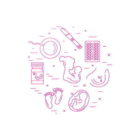 Pregnancy and childbirth. Obstetrics and gynaecology vector line icons. Preparing a woman for pregnancy and labor.のイラスト素材