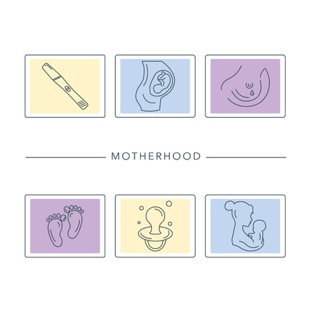 Pregnancy and childbirth vector line icons set. Preparing a woman for pregnancy and labor. Health care newborn baby. Breastfeeding and Motherhood.のイラスト素材