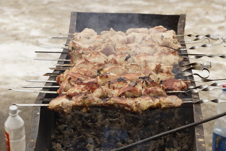 meat on skewers on the grill. Caucasian cuisine. shashlikの写真素材
