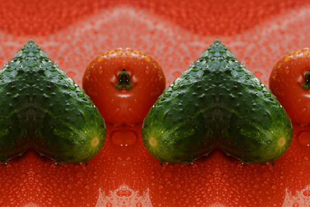 tomatoes and cucumber on a red background with water droplets on the surface. green heart of cucumberの写真素材