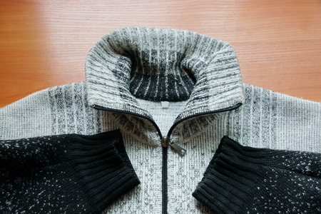 warm gray light woolen sweater collar wool close-up. season winter autumn springの写真素材