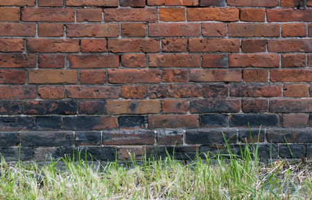 surface of an old red brick wall grunge background texture close up green grassの写真素材