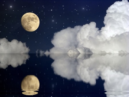 moon and large clouds moonlit evening landscape with moon dark blue sky close-up star water