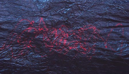 abstract background texture metal aluminum foil dark gray blue red lines colorの写真素材